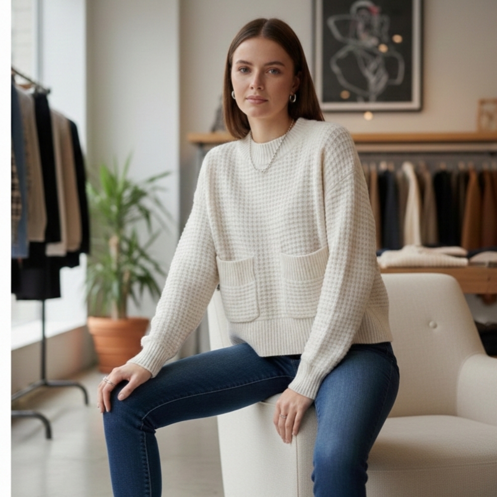 Everlane Recycled Cashmere Waffle Knit Crew Neck Sweater with Pockets – Cream XS - Picture 2 of 15